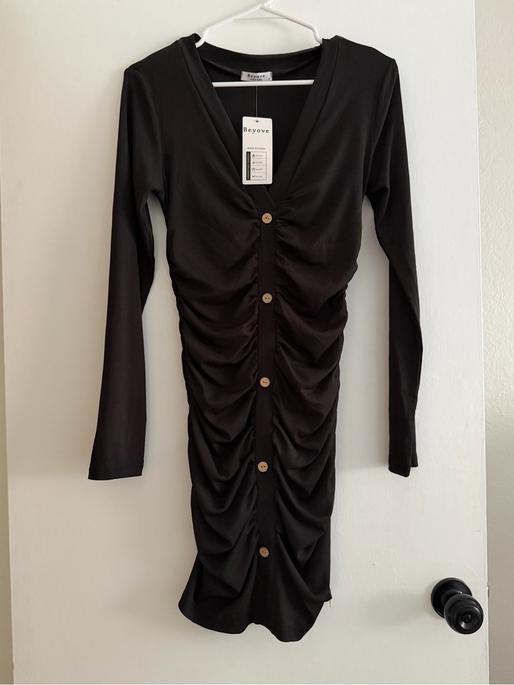 Beyove Women's Sexy Long Sleeve Side Ruched Stretchy Bodycon Mini Dress NWT